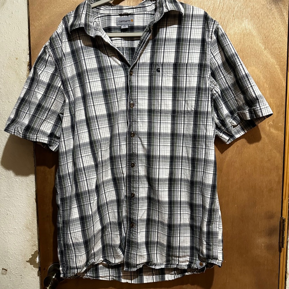 Carhartt Mens Relaxed Fit Plaid Short Sleeve Button Down Shirt Black Grey L Tall